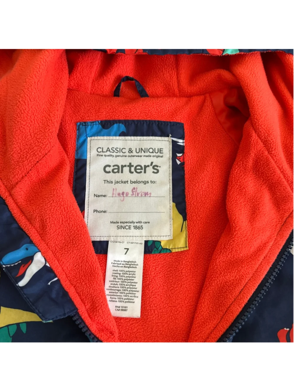 Boys Carter's Dinosaur Raincoat Size 7 Navy Blue Orange Fleece Lined Hooded